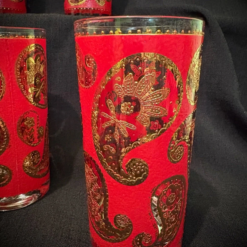 Vintage Mid-Century Modern Culver Hi-ball Glasses (8) & Ice Bucket. Red/22k Gold